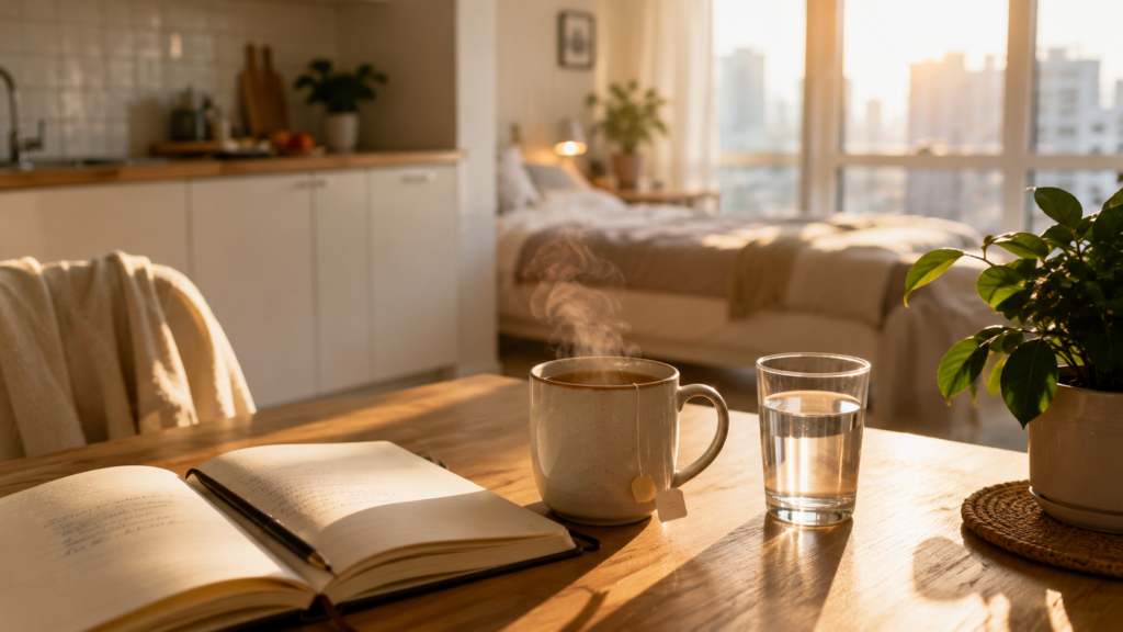 person drinking a glass of water in a bright, sunlit morning kitchen