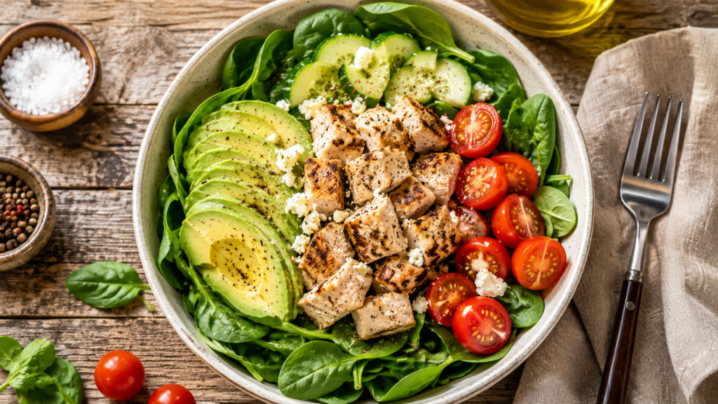 A fresh high protein chicken and avocado salad bowl on a wooden table