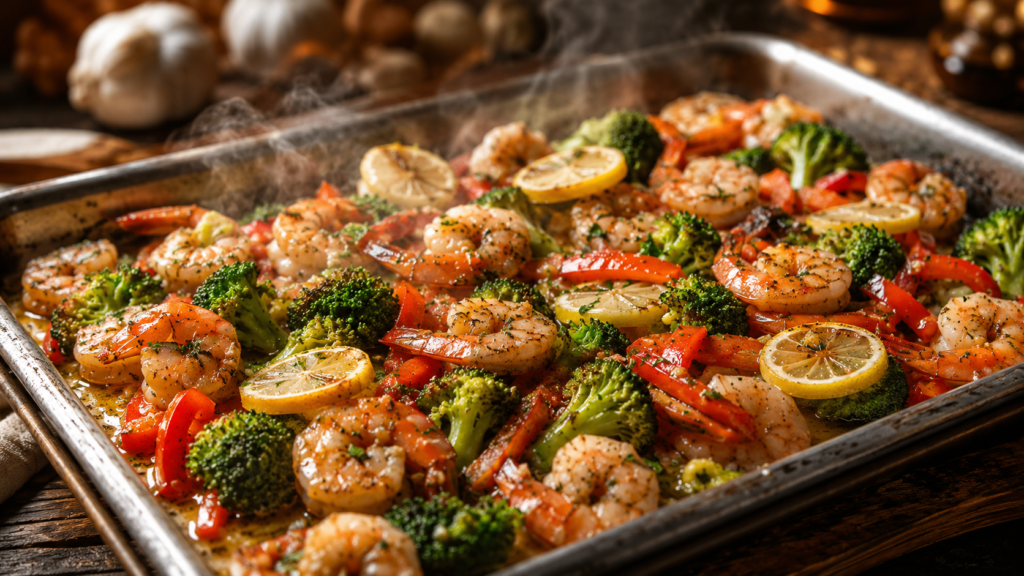 A sheet pan fresh out of the oven with garlic butter shrimp and broccoli