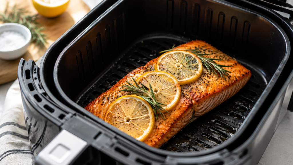 Seasoned salmon fillets in an air fryer basket with lemon wedges