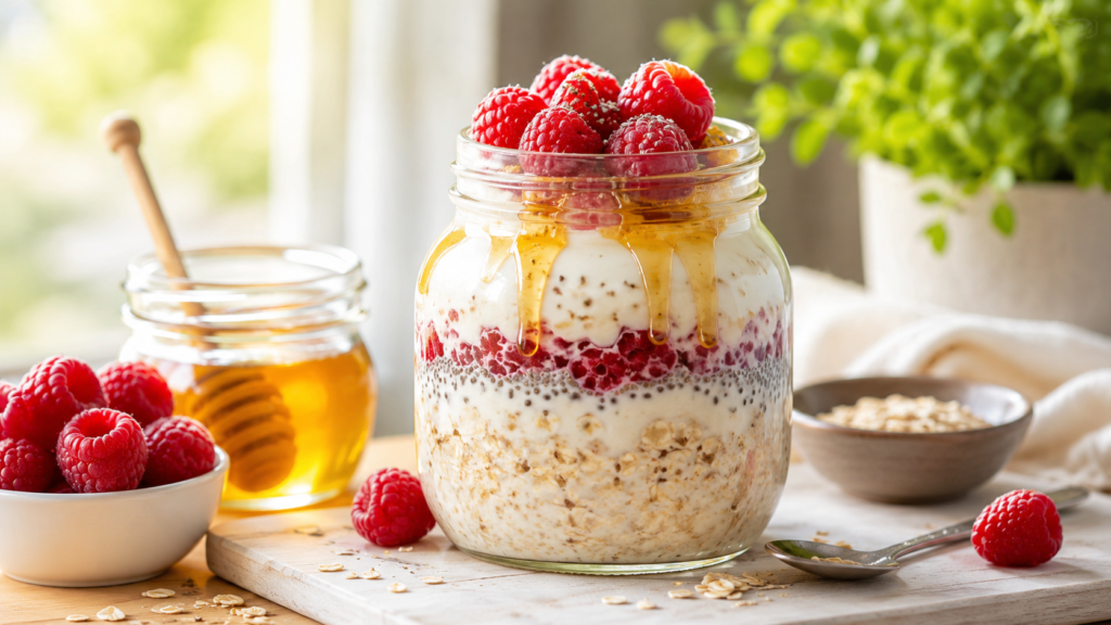A glass jar filled with high protein overnight oats topped with fresh berries