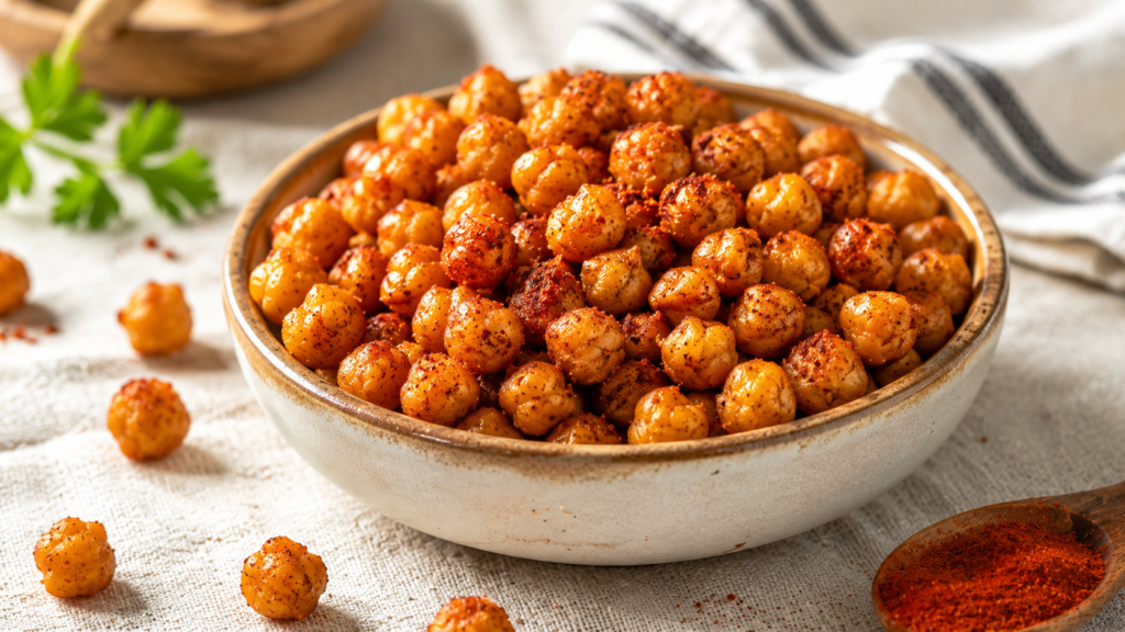 A bowl of golden crispy baked chickpeas seasoned with